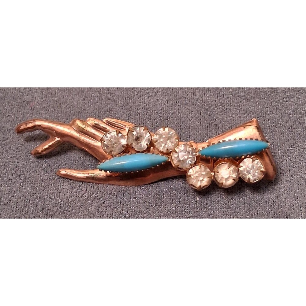 Vintage Hand Brooch Turquoise Glass Rose Gold - Picture 2 of 3